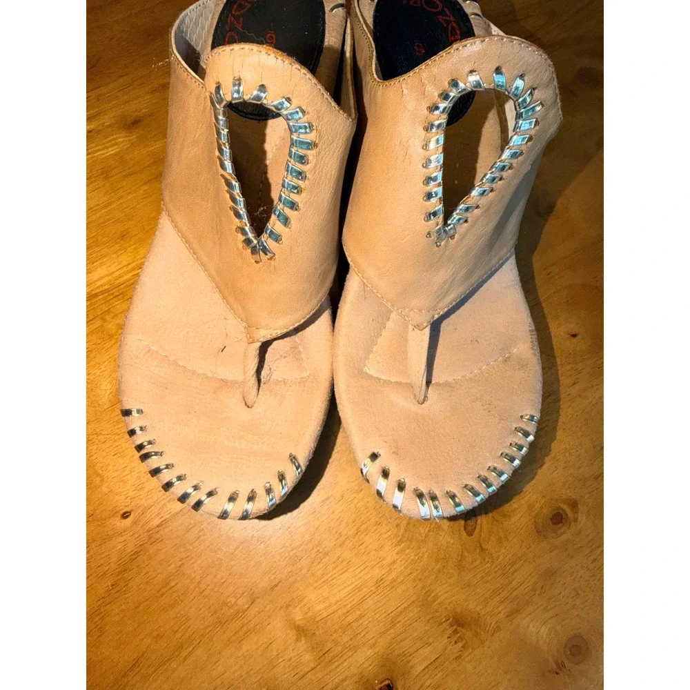 Modzori Tan Leather Whipstitch Wedge Thong Sandals Size 6 Bohemian Platform
